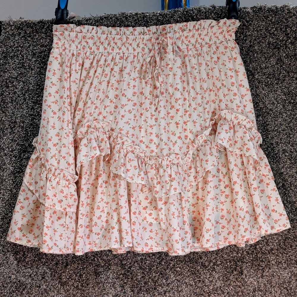 &merci Womens Large Floral Ruffle Mini Skirt Smocked Waist Tiered Pink Cream